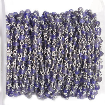 Iolite 3 To 4 MM Faceted Rondelle Sterling Silver Rhodium Plated Rosary Wire Wrap Chain Sold by Foot - Jaipur Gem Factory