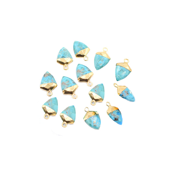 Kingman Block Turquoise 13X10 MM Shield Shape Gold Electroplated Pendant ( Set Of 2 Pcs)