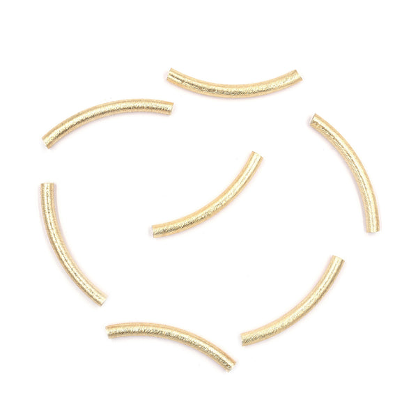 30 Pcs 40X4mm Curved Tube Brushed Matte Finish Beads Gold Plated Copper