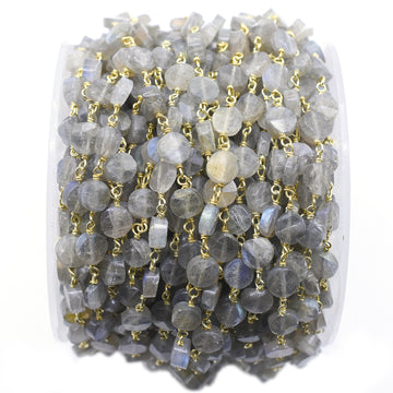 Labradorite 6 To 7 MM Faceted Coin Sterling Silver Vermeil Rosary Wire Wrap Chain Sold by Foot - Jaipur Gem Factory