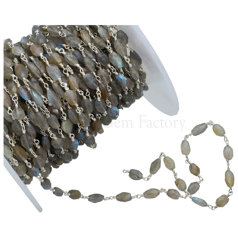 Labradorite Oval Beads Silver Plated Wire Chain