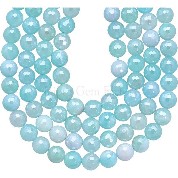 8 MM Mystic Coated Light Blue Agate Faceted Round Beads 15 Inches Strand