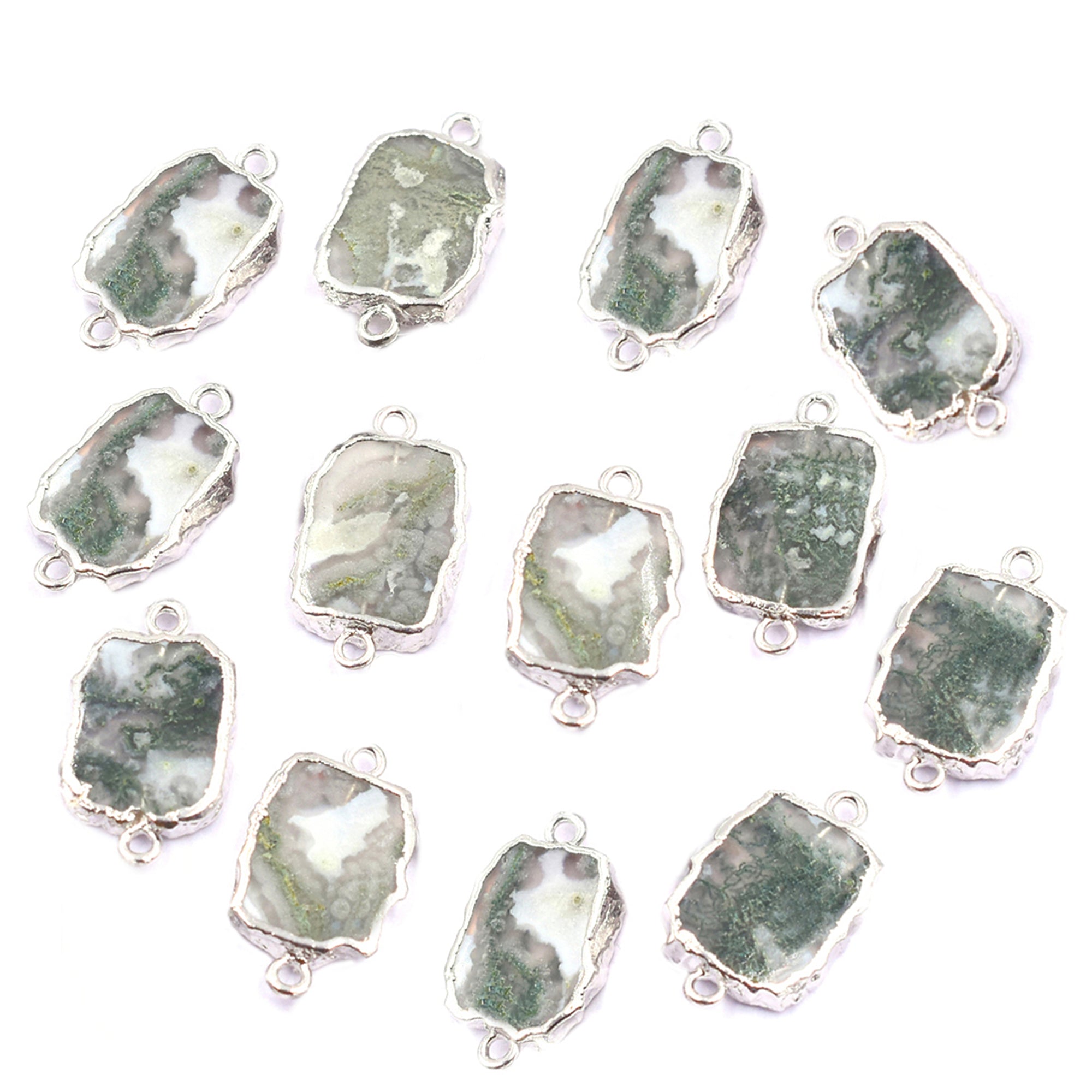 Moss AgateMoss Agate Rectangle Silver Electroplated Connector
