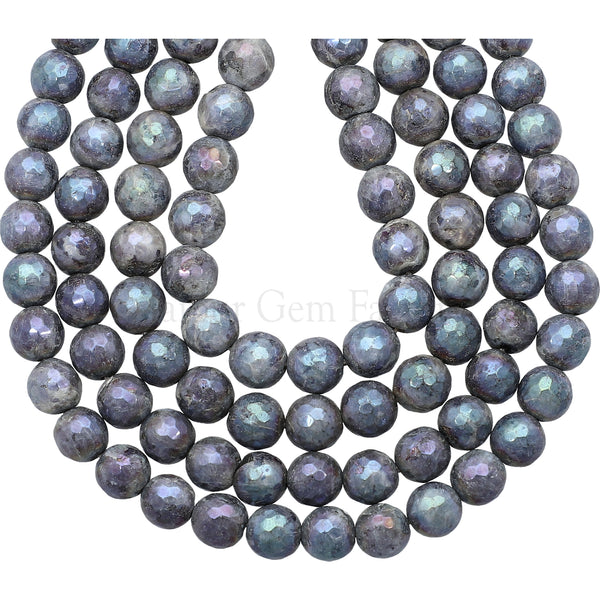 8 MM Mystic Coated Larvikite Faceted Round Beads 15 Inches Strand