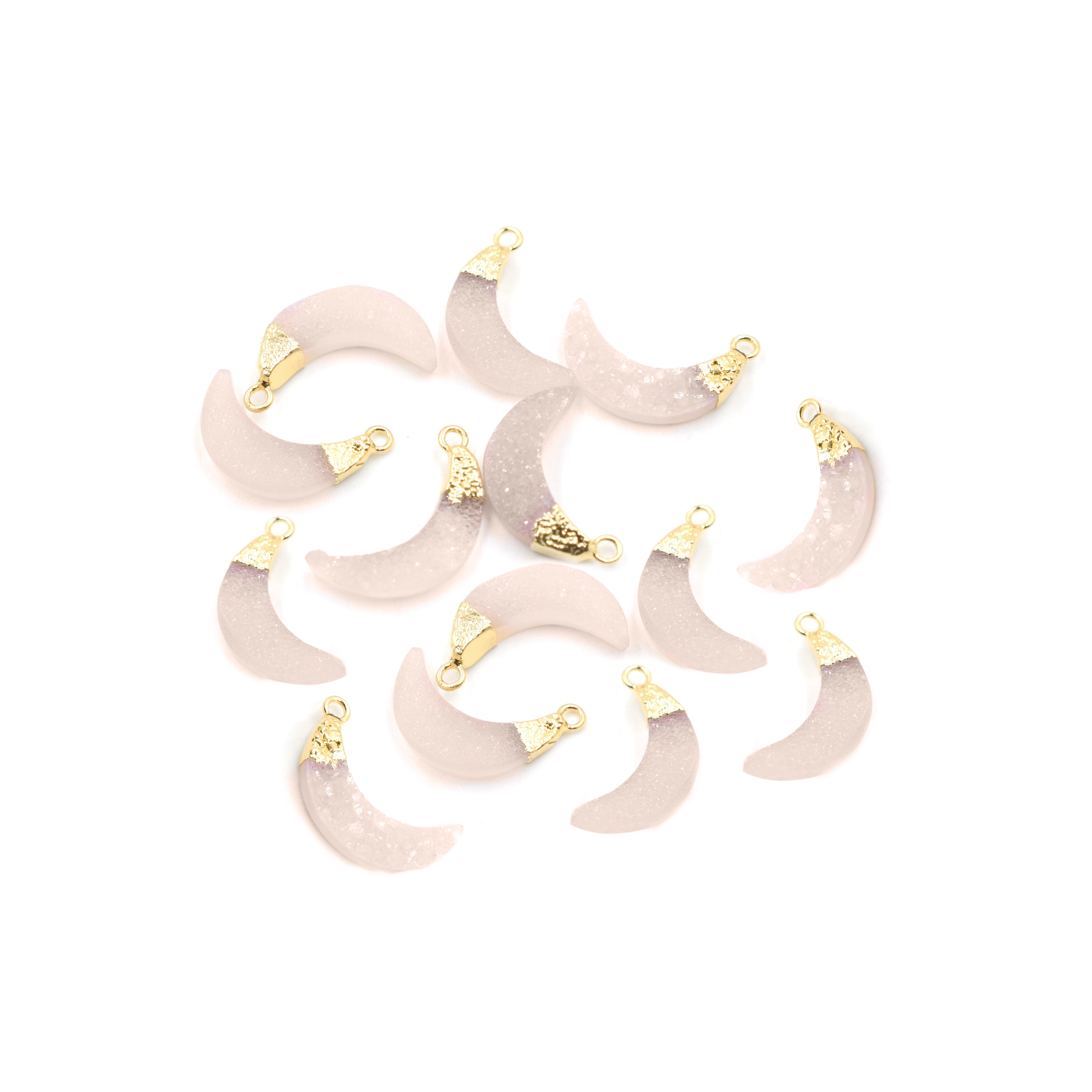 Pink Druzy 10X5 MM Moon Shape Gold Electroplated Pendant (Set Of 2 Pcs)