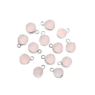 Pink Druzy 8 MM Round Shape Silver Bezel Rhodium Plated Pendant (Set Of 2 Pcs) - Jaipur Gem Factory