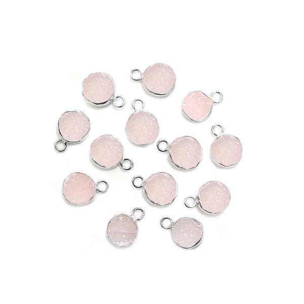 Pink Druzy 8 MM Round Shape Silver Bezel Rhodium Plated Pendant (Set Of 2 Pcs) - Jaipur Gem Factory