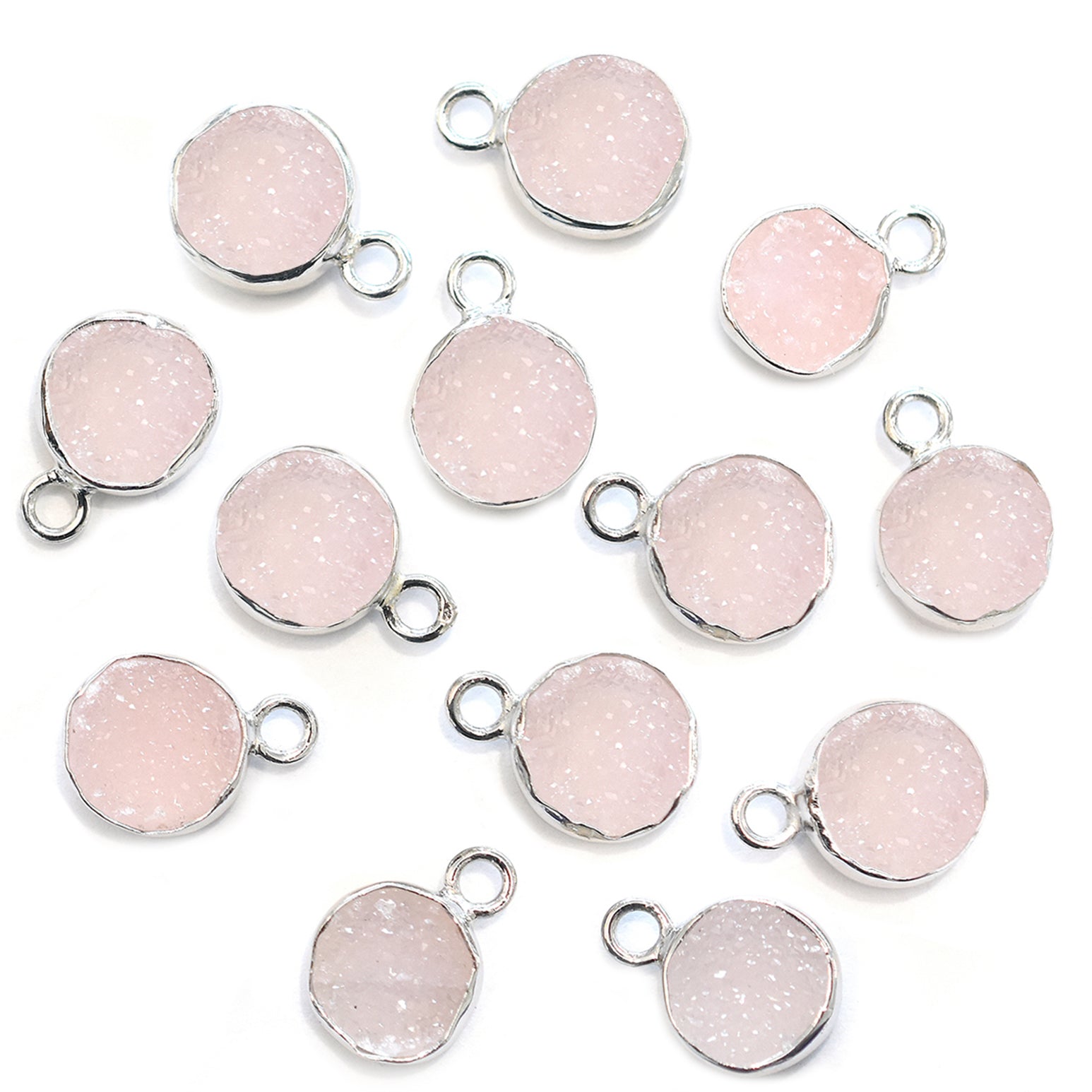 Pink Druzy 8 MM Round Shape Silver Bezel Rhodium Plated Pendant (Set Of 2 Pcs) - Jaipur Gem Factory