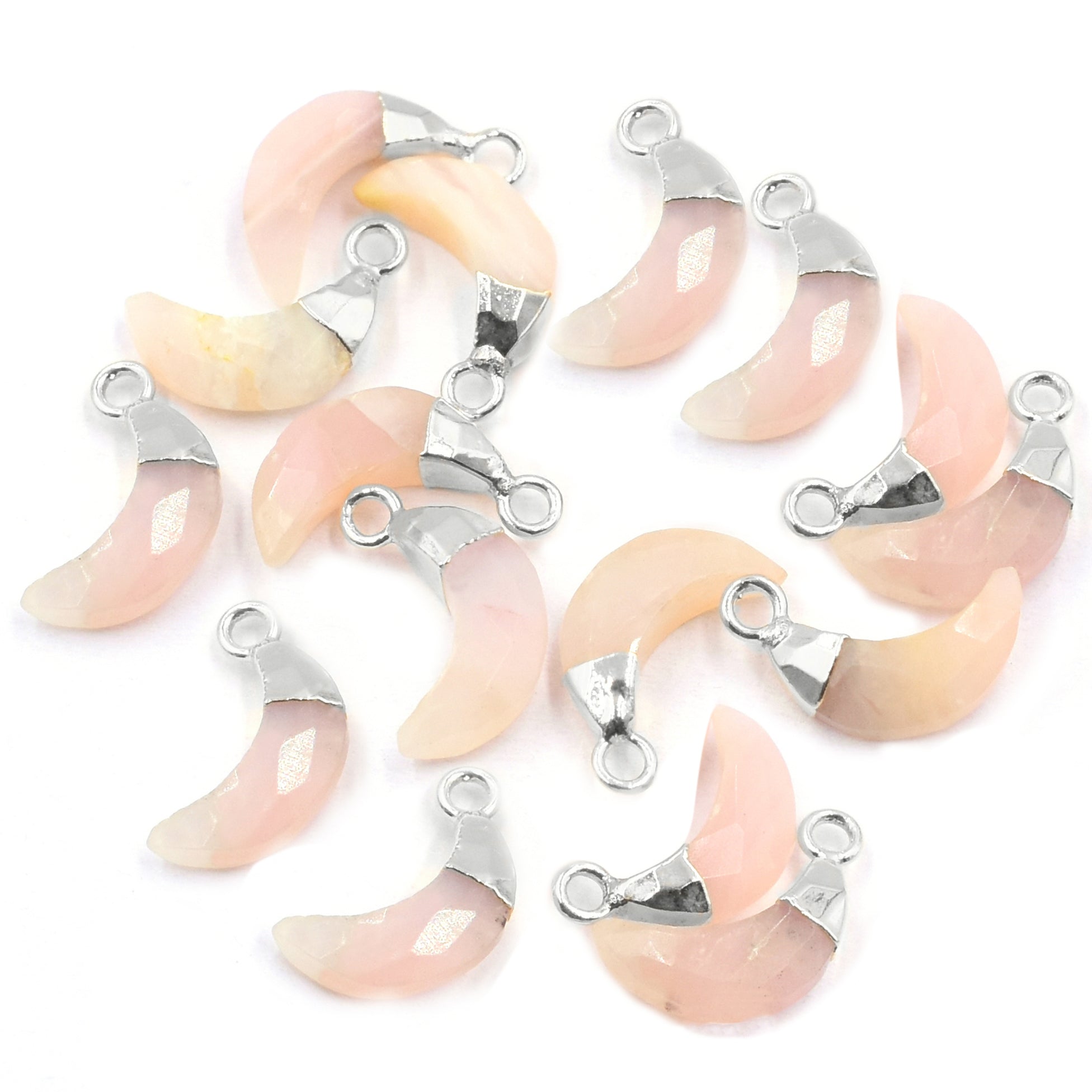Pink Opal Moon Shape 10 x 5 MM Silver Electroplated Pendant (Set Of 2 Pcs)