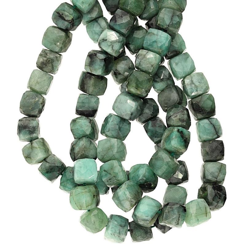 Raw Emerald 7 To 8 MM Faceted Cube Shape Beads Strand