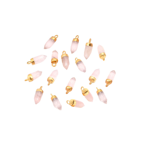 Rose Quartz 13X5 MM Bullet Shape Gold Electroplated Pendant  (Set Of 2 Pcs)