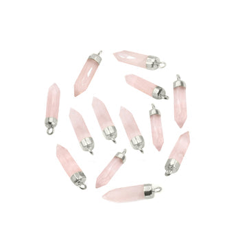 Rose Quartz 19X5 MM Bullet Shape Rhodium Electroplated Pendant