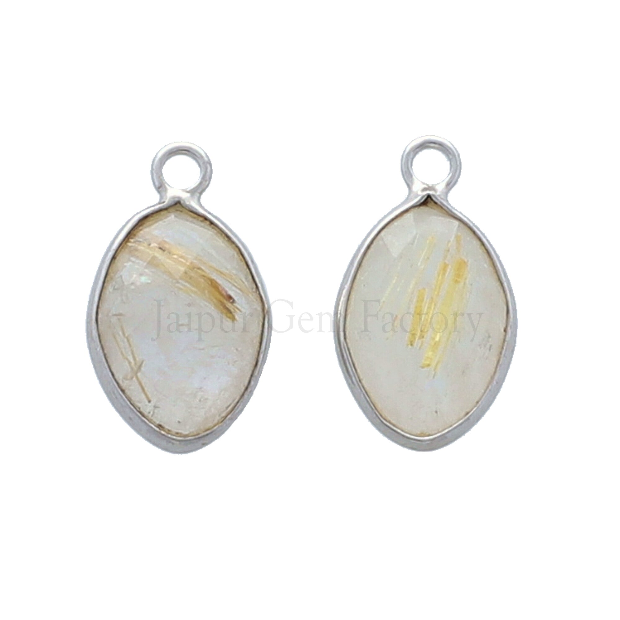 13X9 MM Rhodium Plated Sterling Silver Bezel Golden Rutilated Quartz Faceted Marquise Pendant