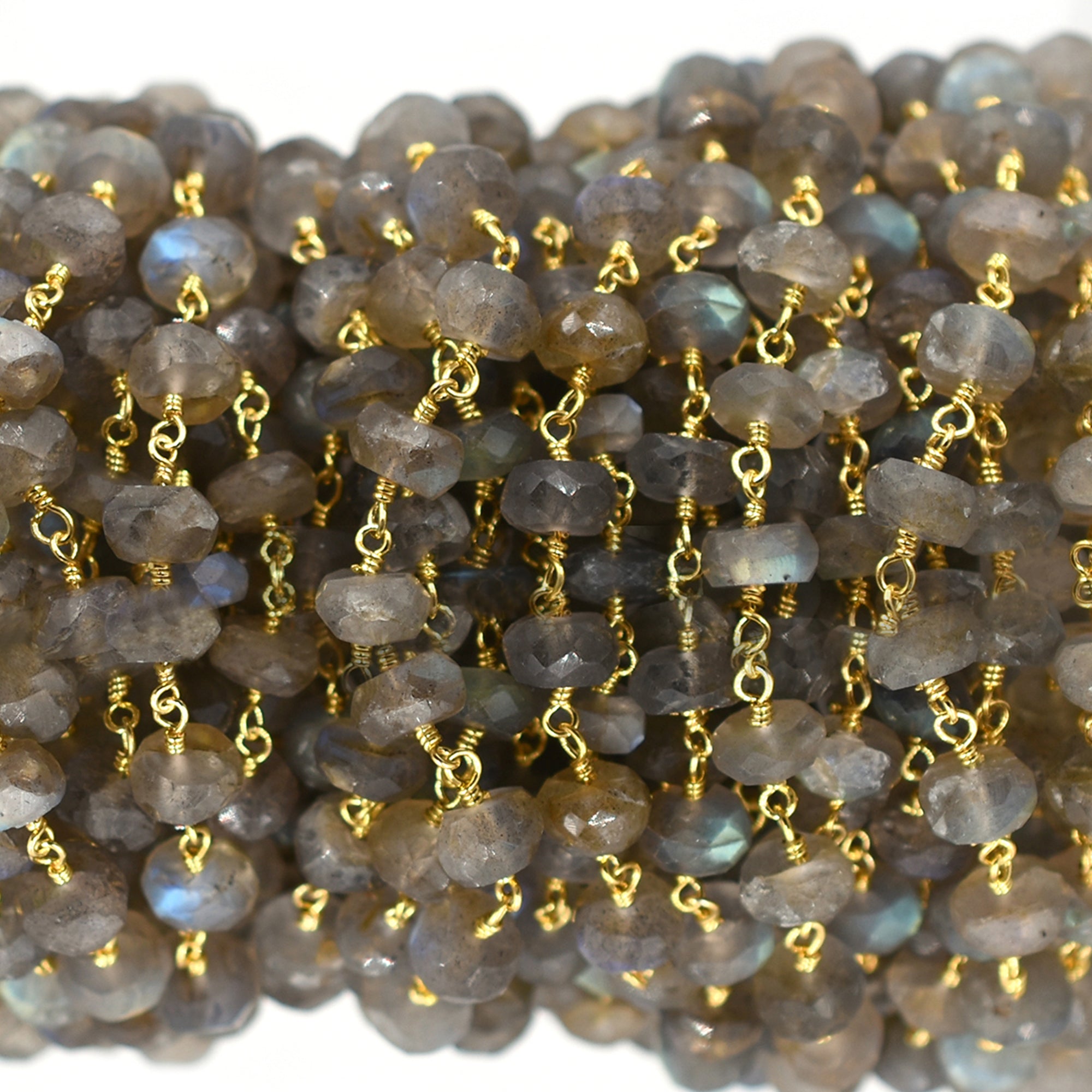 Labradorite 5 To 6 MM Faceted Rondelle Brass Gold Plated Wire Wrapped Chain Sold by Foot