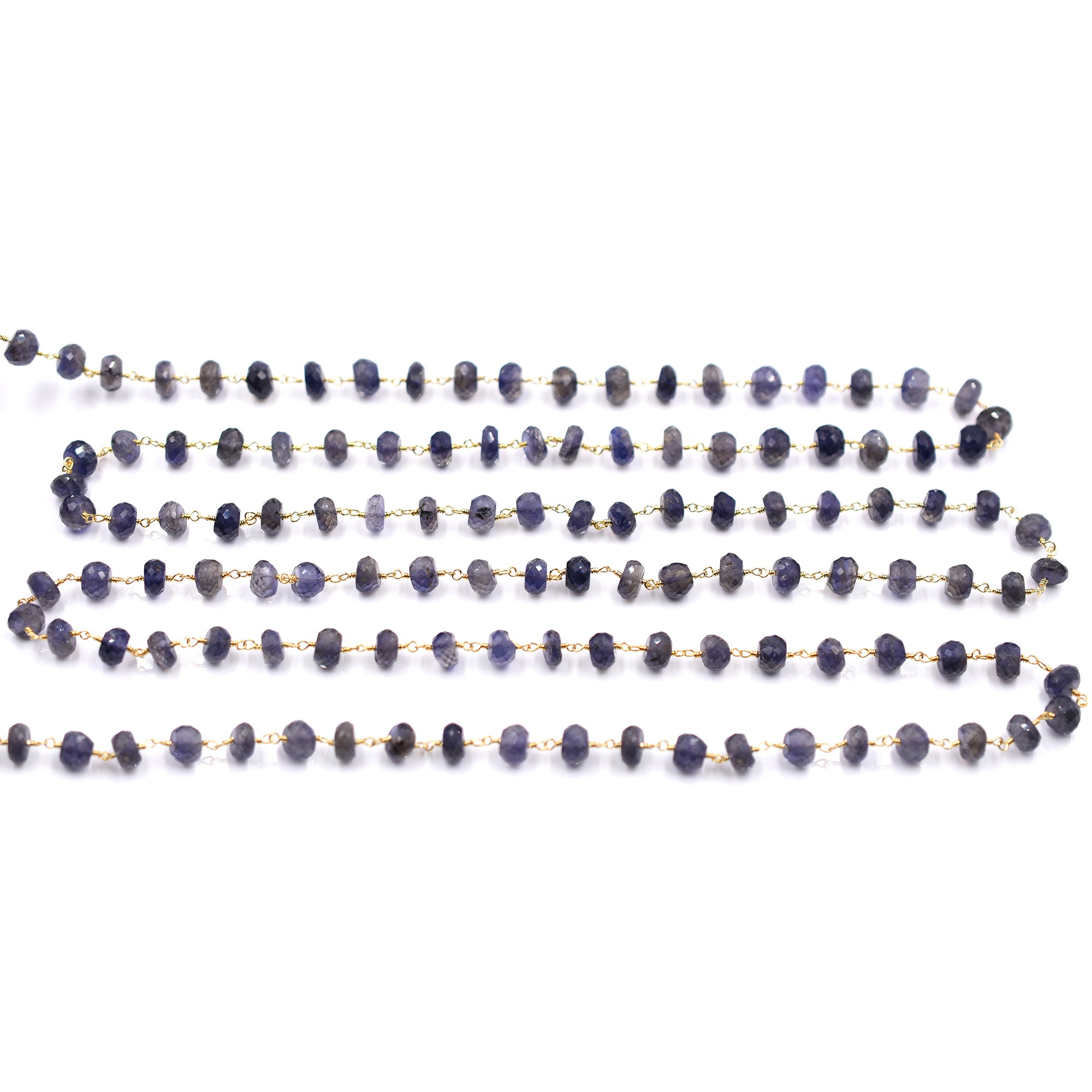 Iolite 7 To 8 MM Faceted Rondelle Brass Gold Plated Wire Wrapped Chain Sold by Foot