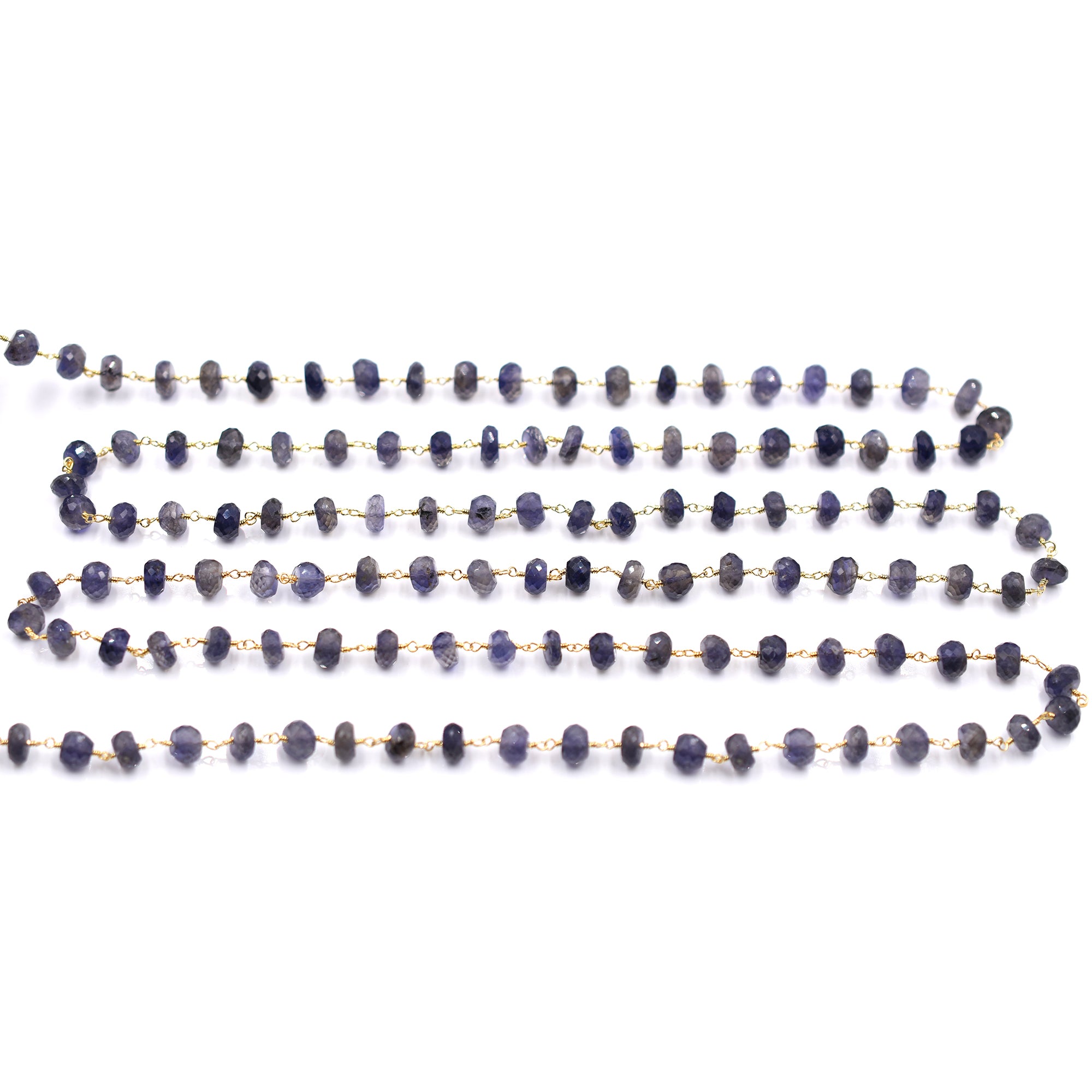 Iolite Faceted Rondelle Brass Gold Plated Wire Wrapped Chain Sold by Foot