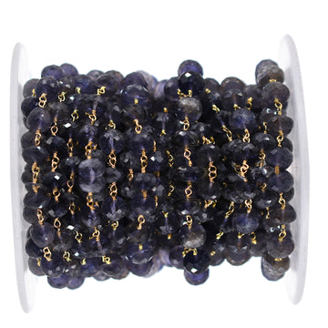 Iolite 7 To 8 MM Faceted Rondelle Brass Gold Plated Wire Wrapped Chain Sold by Foot