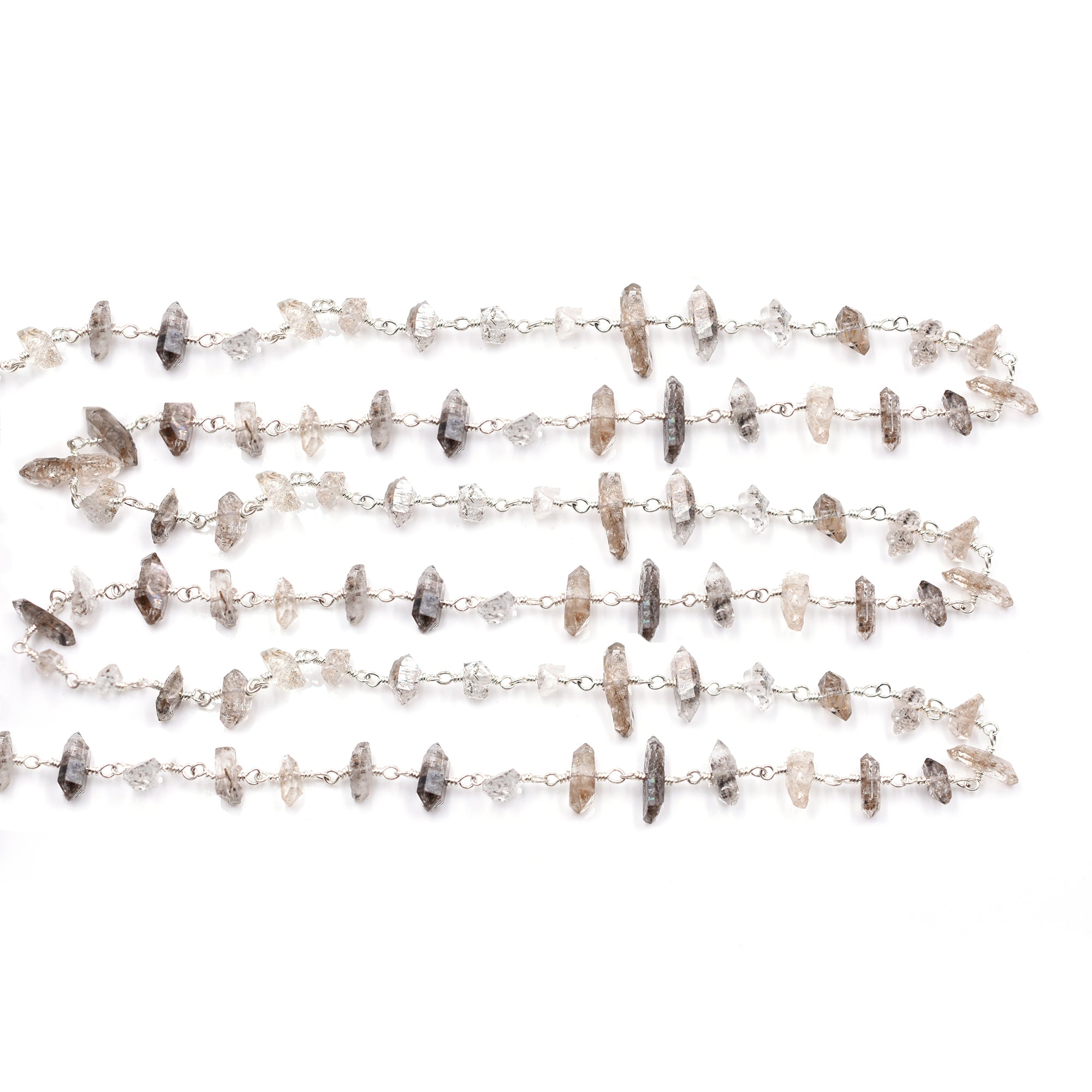Herkimer Diamond Quartz 5 To 8 MM Natural Shape Brass Silver Plated Wire Wrapped Chain Sold by Foot