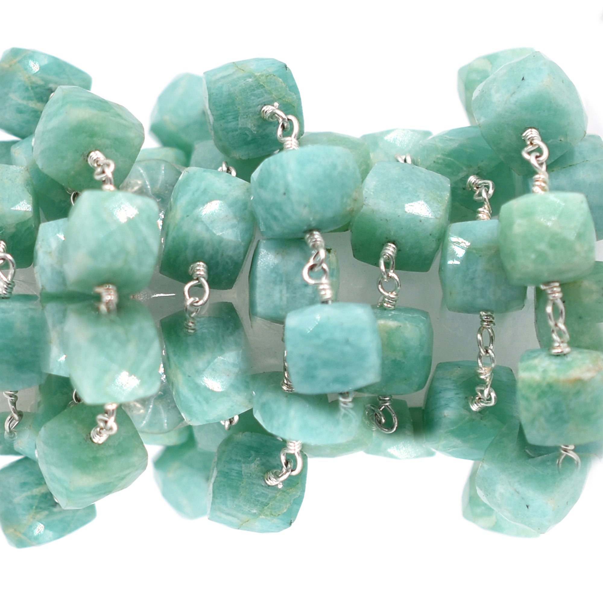 Amazonite 8 To 9 MM Faceted Cube Brass Silver Plated Wire Wrapped Chain Sold by Foot