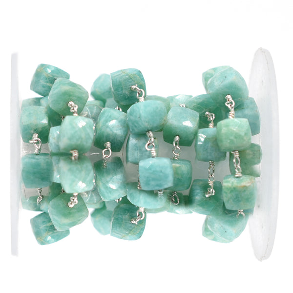 Amazonite 8 To 9 MM Faceted Cube Brass Silver Plated Wire Wrapped Chain Sold by Foot