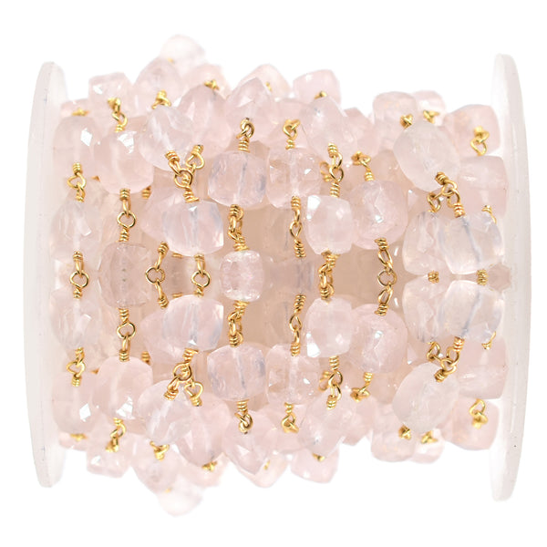 Rose Quartz 7 To 8 MM Faceted Cube Brass Gold Plated Wire Wrapped Chain Sold by Foot