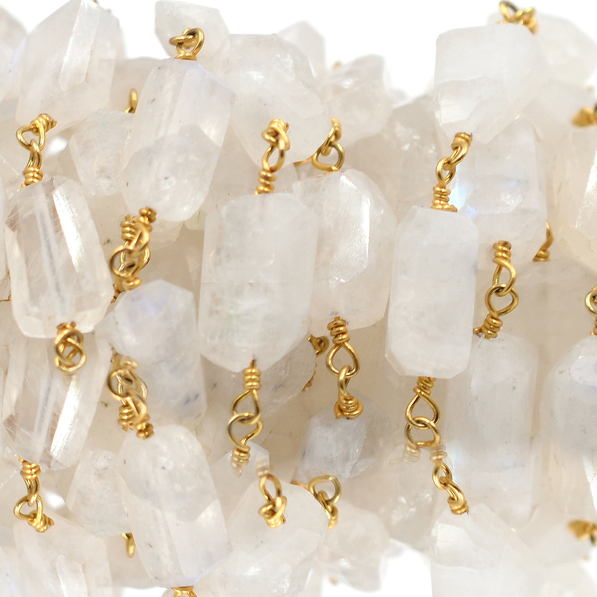 Rainbow Moonstone Faceted Nuggets Brass Gold Plated Wire Wrapped Chain Sold by Foot