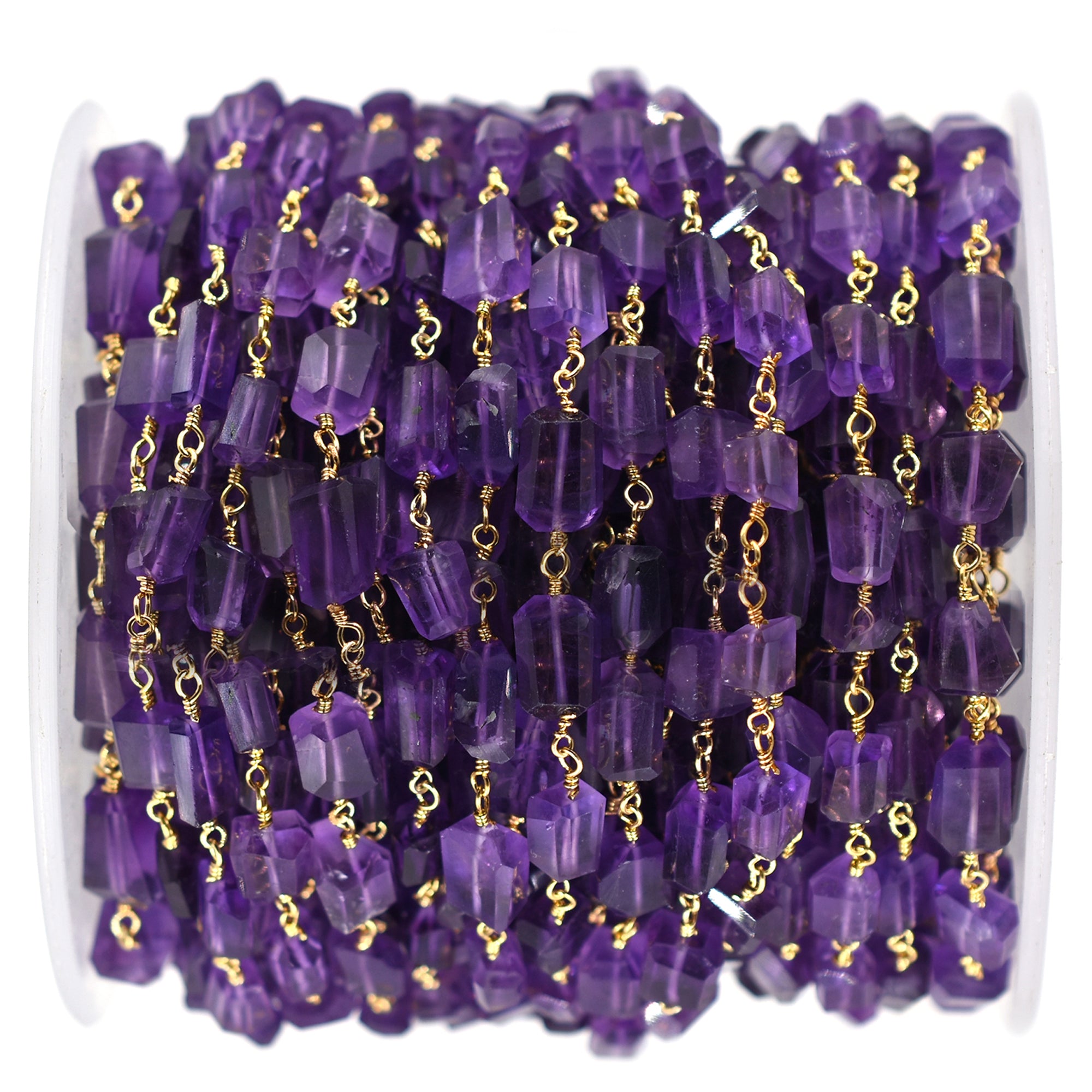Amethyst 10X8 MM Faceted Nuggets Brass Gold Plated Wire Wrapped Chain Sold by Foot