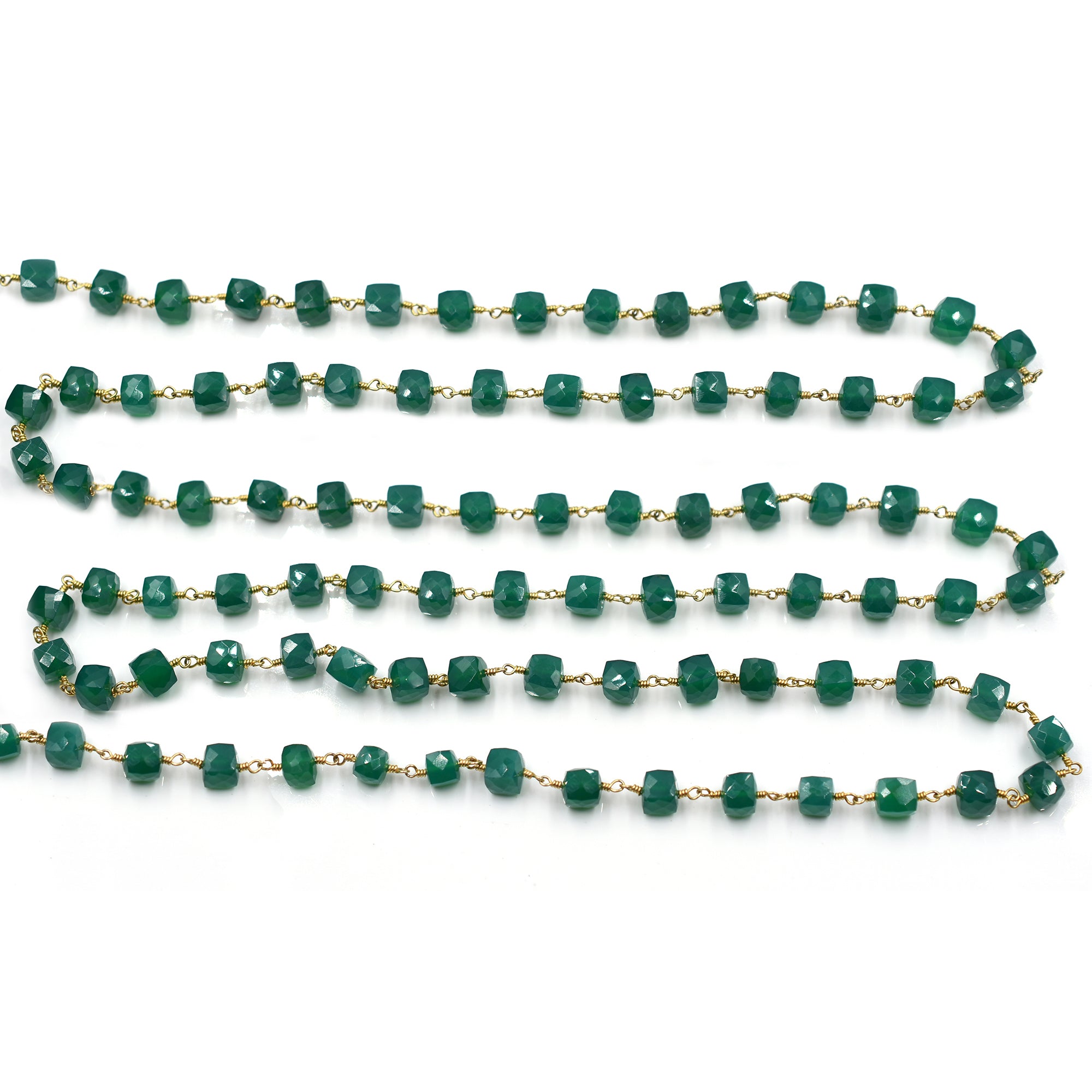 Green Onyx Faceted Cube Brass Gold Plated Wire Wrapped Chain Sold by Foot