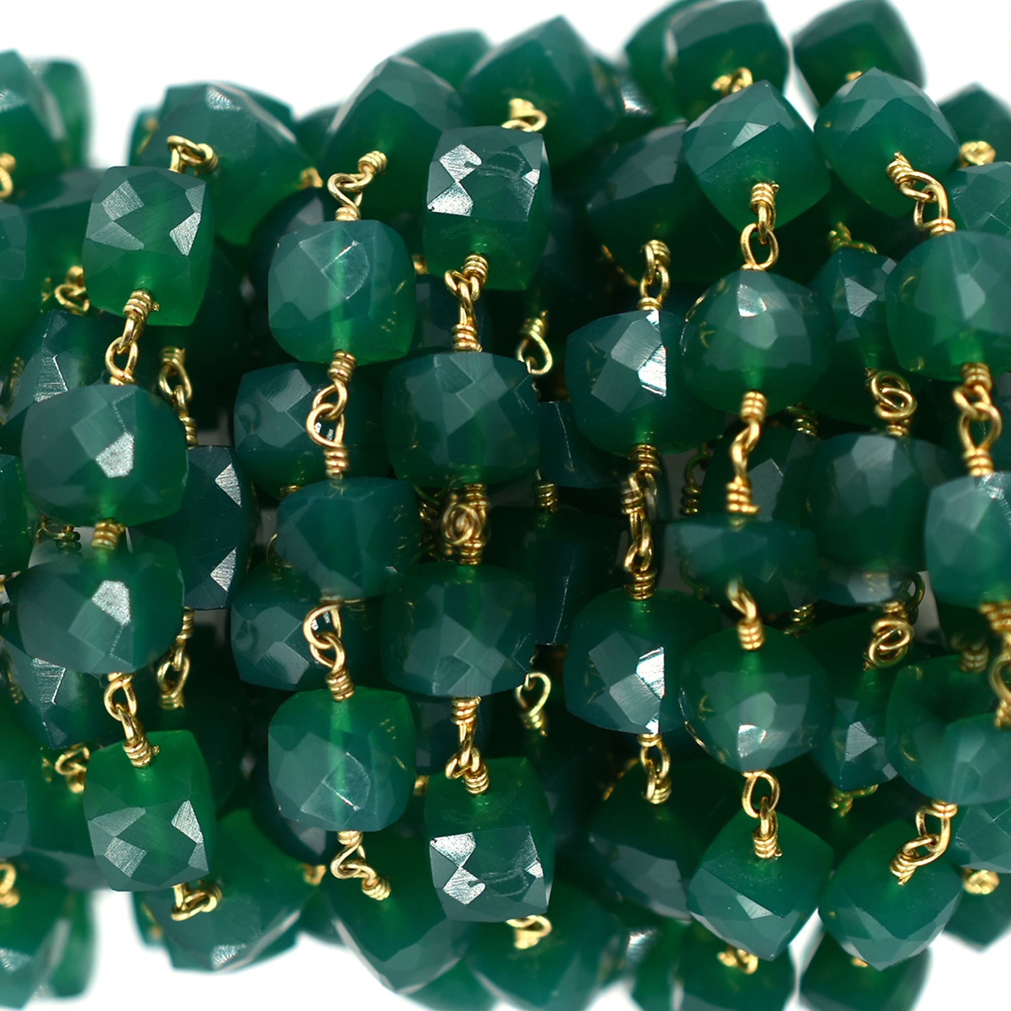 Green Onyx 6 To 7 MM Faceted Cube Brass Gold Plated Wire Wrapped Chain Sold by Foot