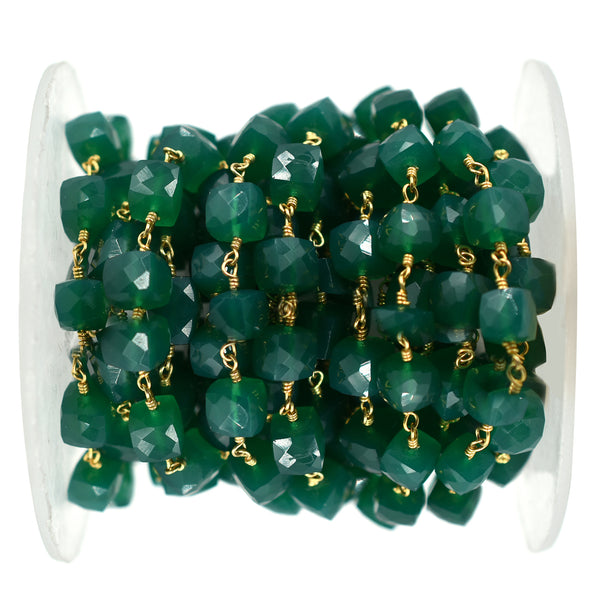Green Onyx 6 To 7 MM Faceted Cube Brass Gold Plated Wire Wrapped Chain Sold by Foot