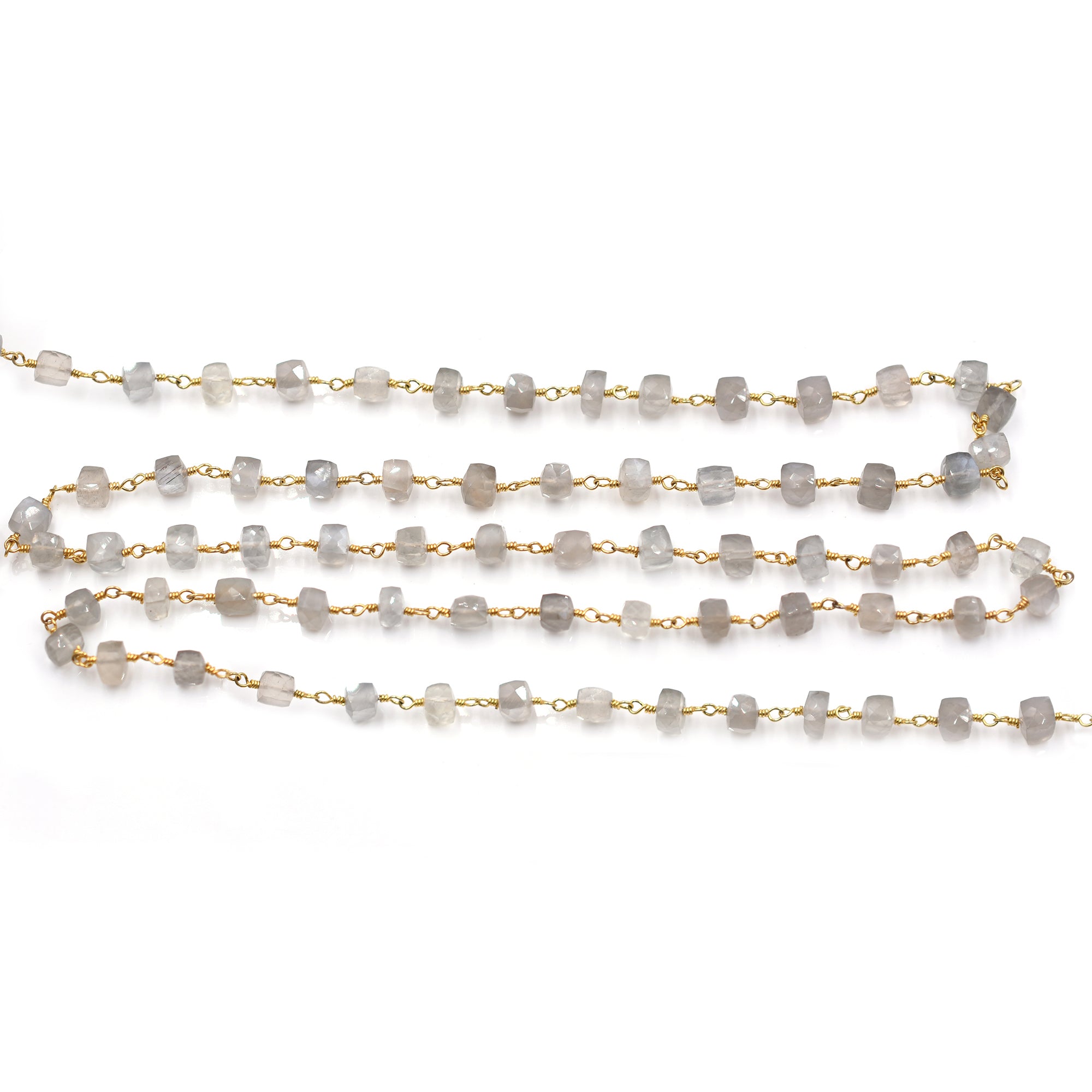 Gray Moonstone 6 To 7 MM Faceted Cube Brass Gold Plated Wire Wrapped Chain Sold by Foot