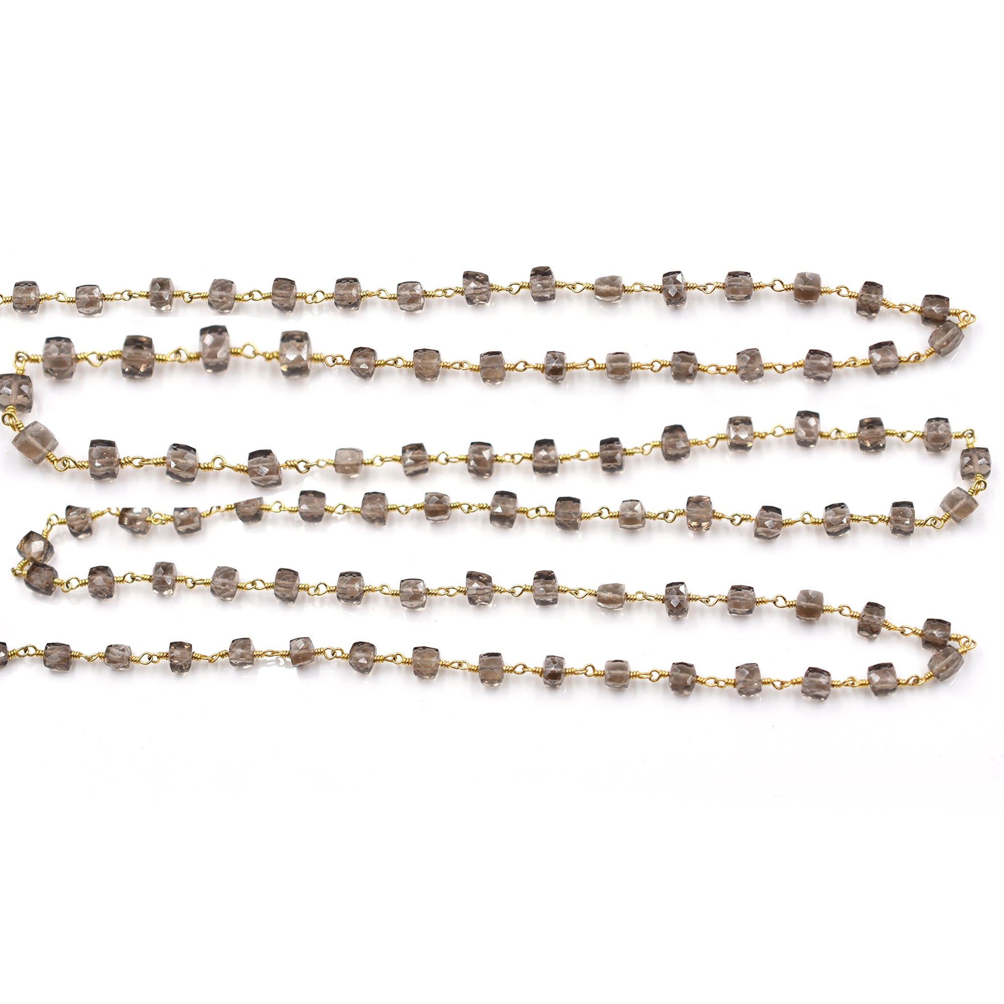 Smoky Quartz 4 To 7 MM Faceted Cube Brass Gold Plated Wire Wrapped Chain Sold by Foot