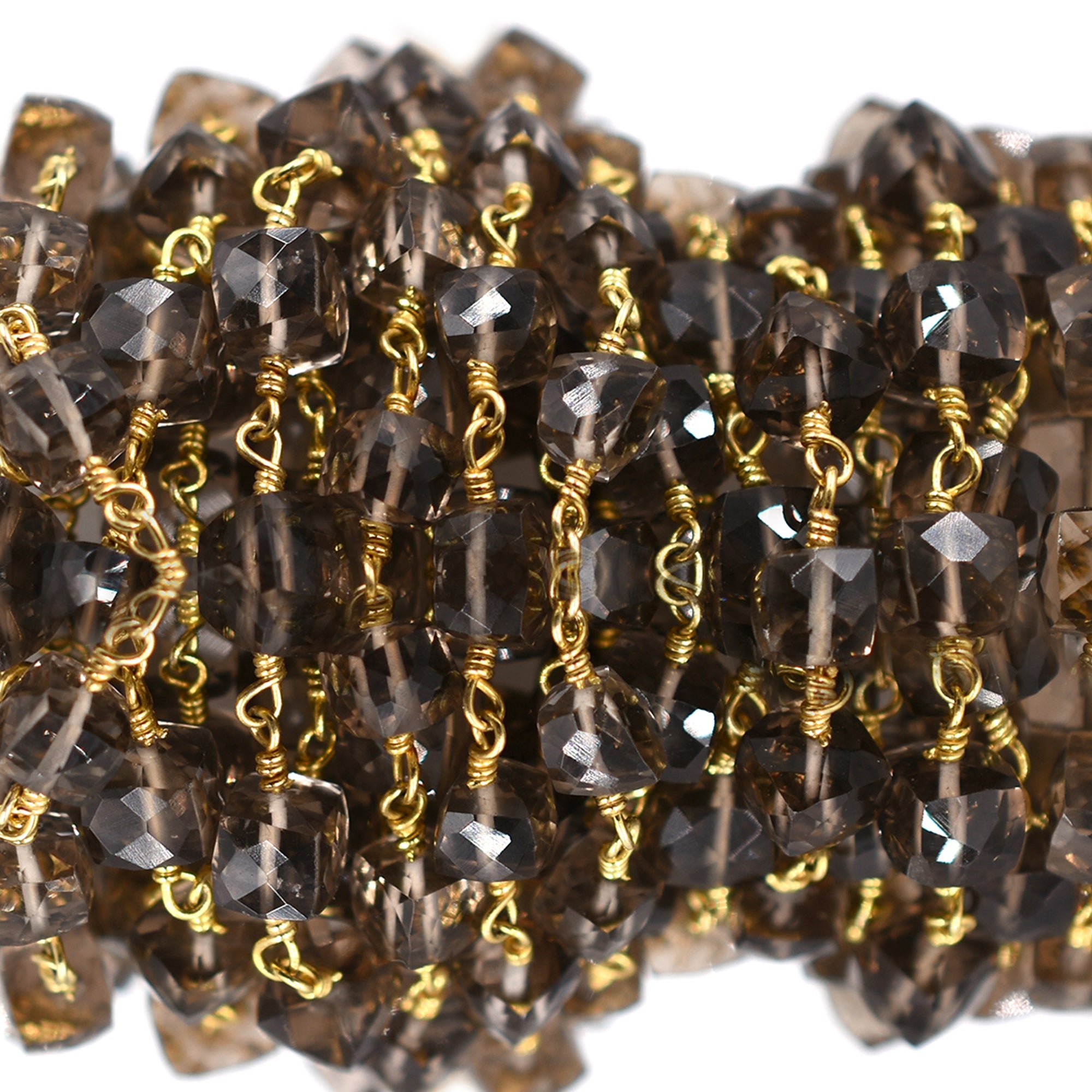 Smoky Quartz 4 To 7 MM Faceted Cube Brass Gold Plated Wire Wrapped Chain Sold by Foot