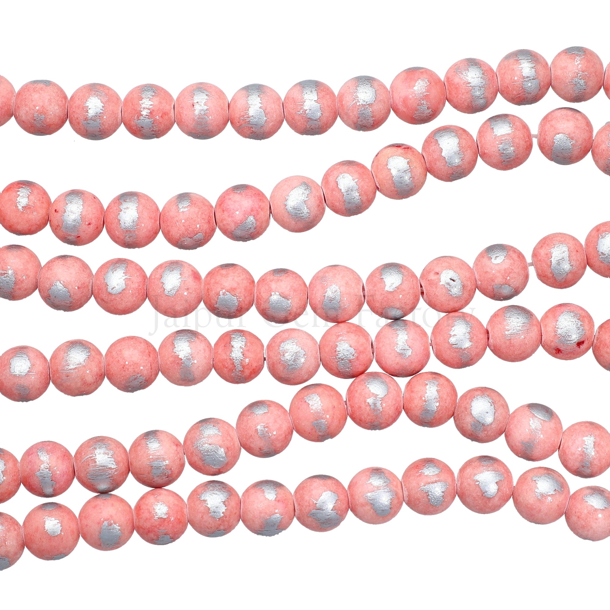 8 MM Salmon Pink With Silver Foil Jade Smooth Round Beads 15 Inches Strand