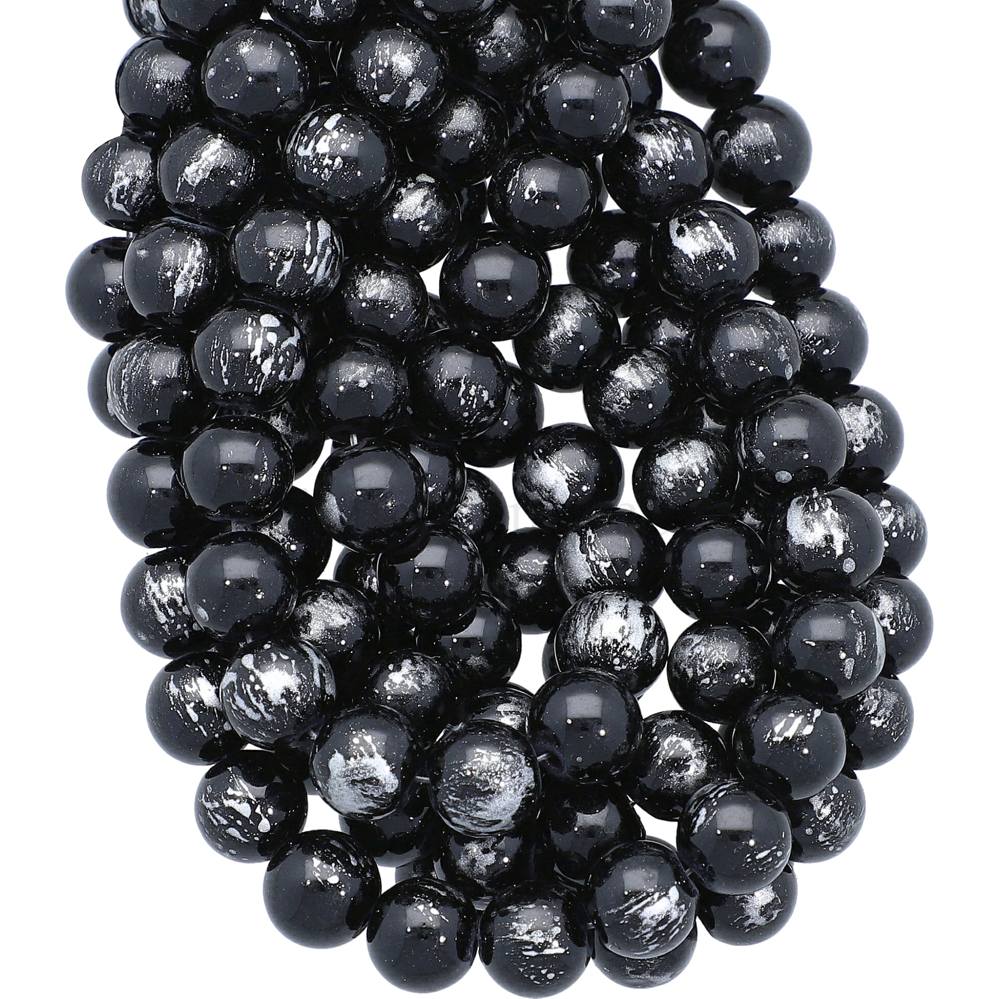 8 MM Silver Leafed Dyed Black Jade Smooth Round Beads 15 Inches Strand