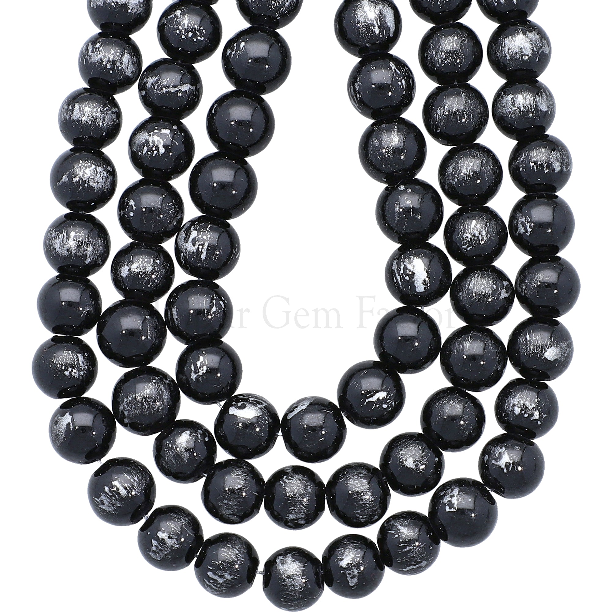 8 MM Silver Leafed Dyed Black Jade Smooth Round Beads 15 Inches Strand