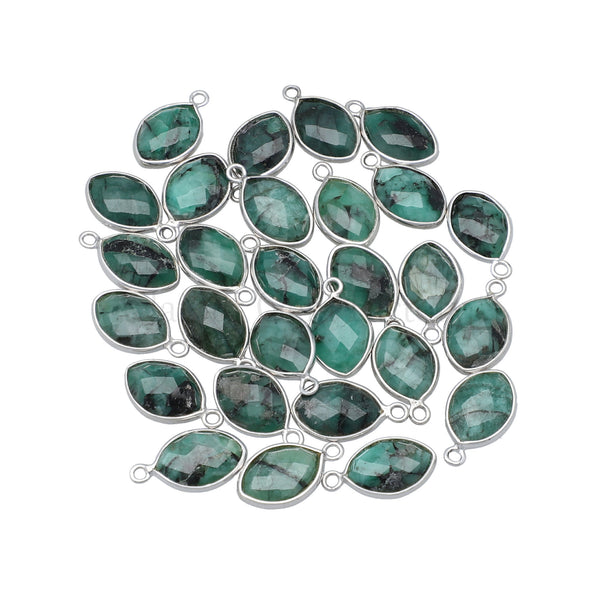 13X9 MM Rhodium Plated Sterling Silver Bezel Raw Emerald Faceted Marquise Pendant