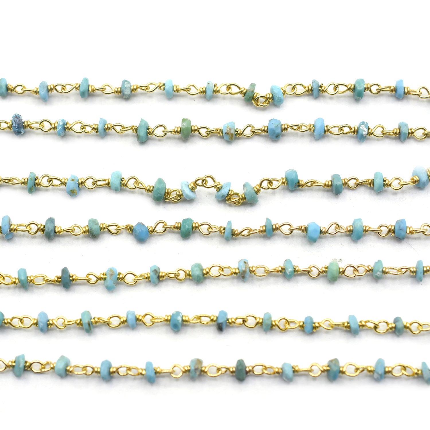 Kingman Block Turquoise Faceted Rondelle Sterling Silver Vermeil Rosary Wire Wrap Chain Sold by Foot