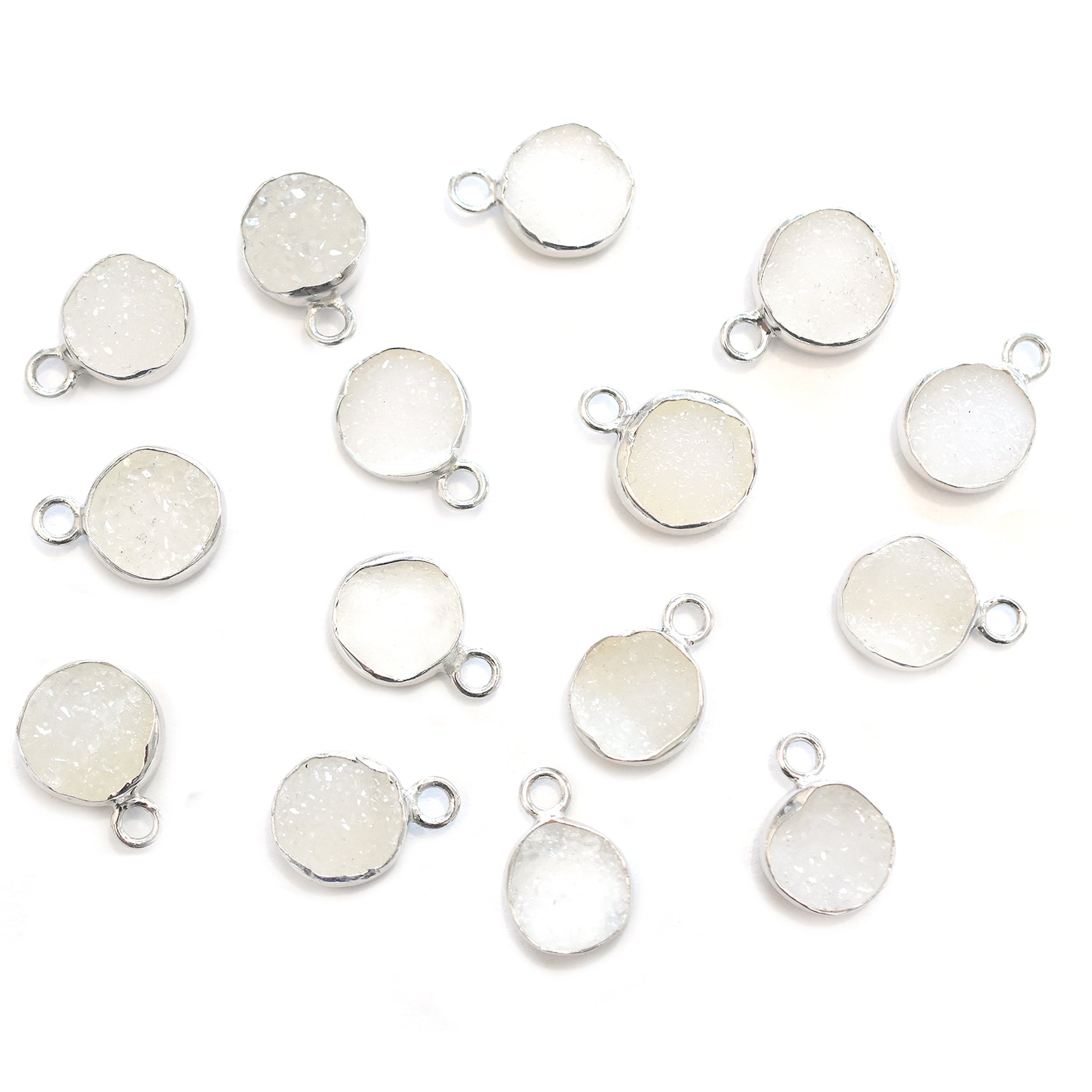 White Druzy 8 MM Round Shape Silver Bezel Rhodium Plated Pendant (Set Of 2 Pcs) - Jaipur Gem Factory