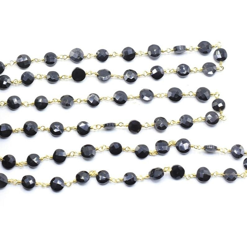 Black Onyx 6 To 7 MM Faceted Coin Sterling Silver Vermeil Rosary Wire Wrap Chain Sold by Foot - Jaipur Gem Factory