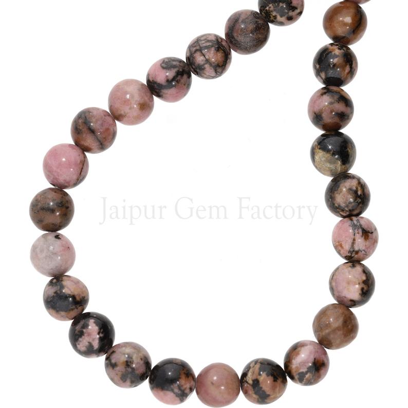 10 MM Black Veined Rhodonite Smooth Round Shape Beads Strand