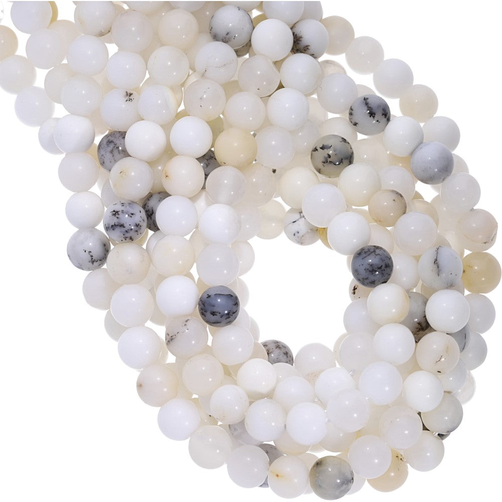 Milky White Dendritic Opal Smooth Round Shape Beads 